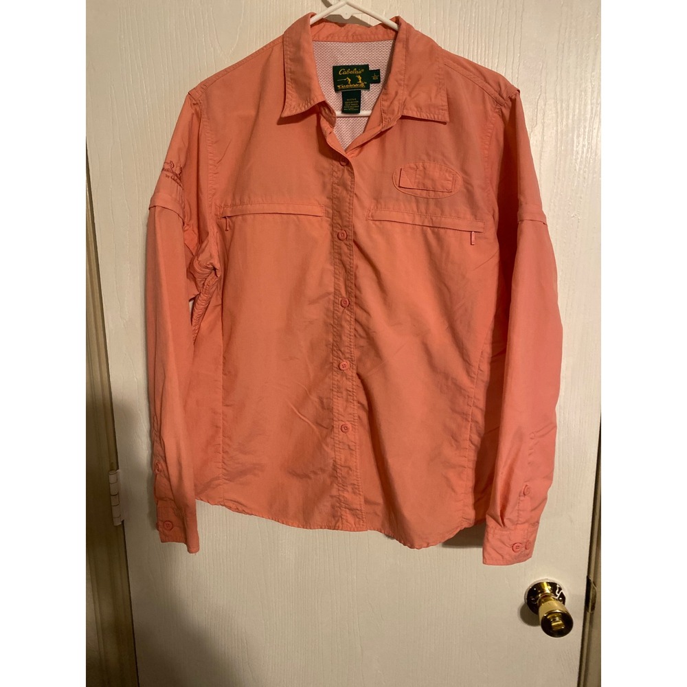 Cabelas Guidewear Mens Fishing Shirt Large Coral Orange Zip Off Sleeve 0722